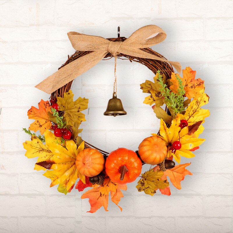 Herfst Leaf Pompoen Krans Met Bell Thanksgiving Halloween Voordeur Home Decor