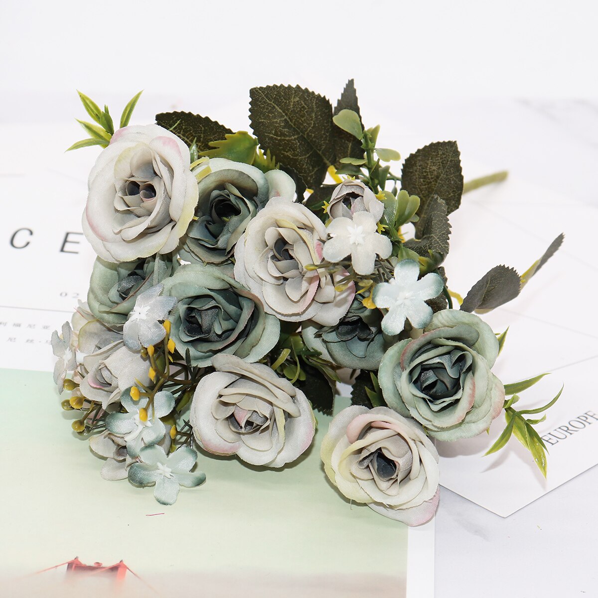 13 huvuden siden rosor brudbukett bröllop juldekoration för hem vas prydnadsväxter blomkruka konstgjorda blommor scrapbooking: 6