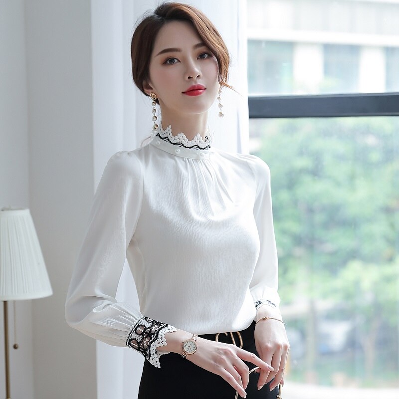 Women shirt Slim autumn Long sleeve Standing collar splice OL Formal Blouses & Shirts Woman 6515