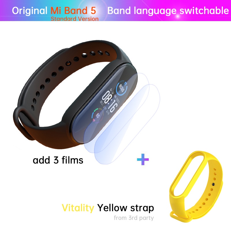 Xiaomi-Pulsera Mi Band 5 de fitness, reloj con monitor deportivo del ritmo cardíaco las 24 horas, carga magnética, sueño REM, siesta, pasos, natación, alarma de recordatorio,: STD n film yellow