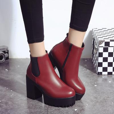 Chelsea Boots Female Leather Women Boots Thick Heels Ankle Boots For Women Round Toe Winter Shoes Women Flat Platform Boots: Red / 36