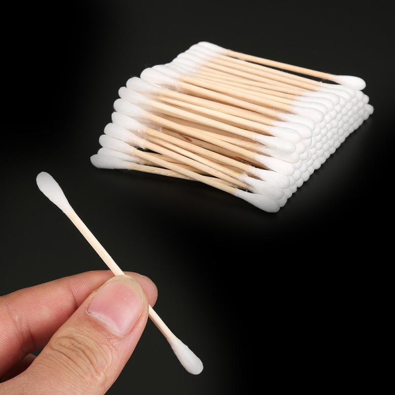 Lote de 100 unidades de bastoncillos de algodón para maquillaje, mango de madera con doble cabezal, herramienta de limpieza desechable para maquillaje