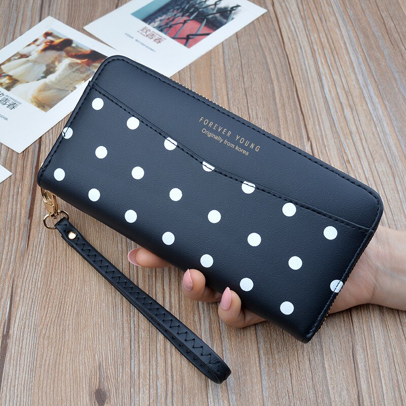 Women's Wallets Women's Long Zippers Korean Student Polka Dot Wallets Large Capacity Hand Bag Soft Wallets: Black