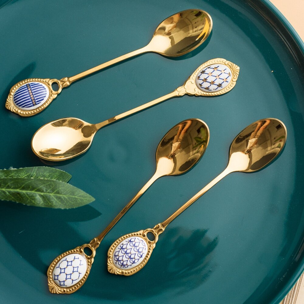 Stainless Steel Spoons Ceramic Handle Tea Coffee Scoop Vintage Gold Plating Dessert Spoon High Grade Cake Scoop Tool