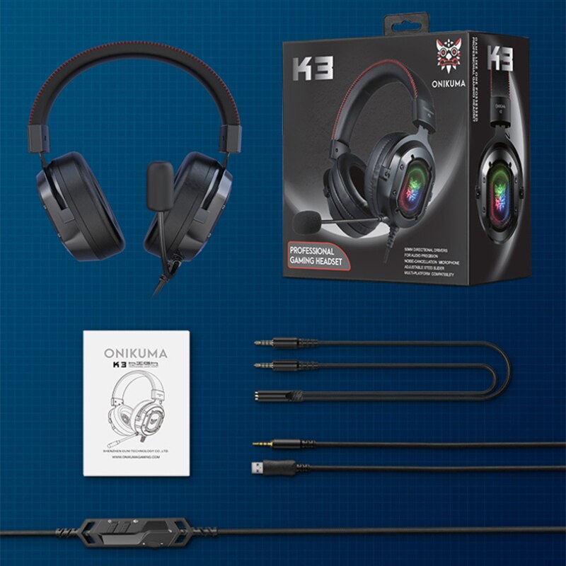 ONIKUMA-K3 gamingowy zestaw słuchawkowy 3.5mm słuchawki przewodowe z głowicą i RGB lampa kolorowa 360 ° Pick up Vioce Micphone na PC Laptop
