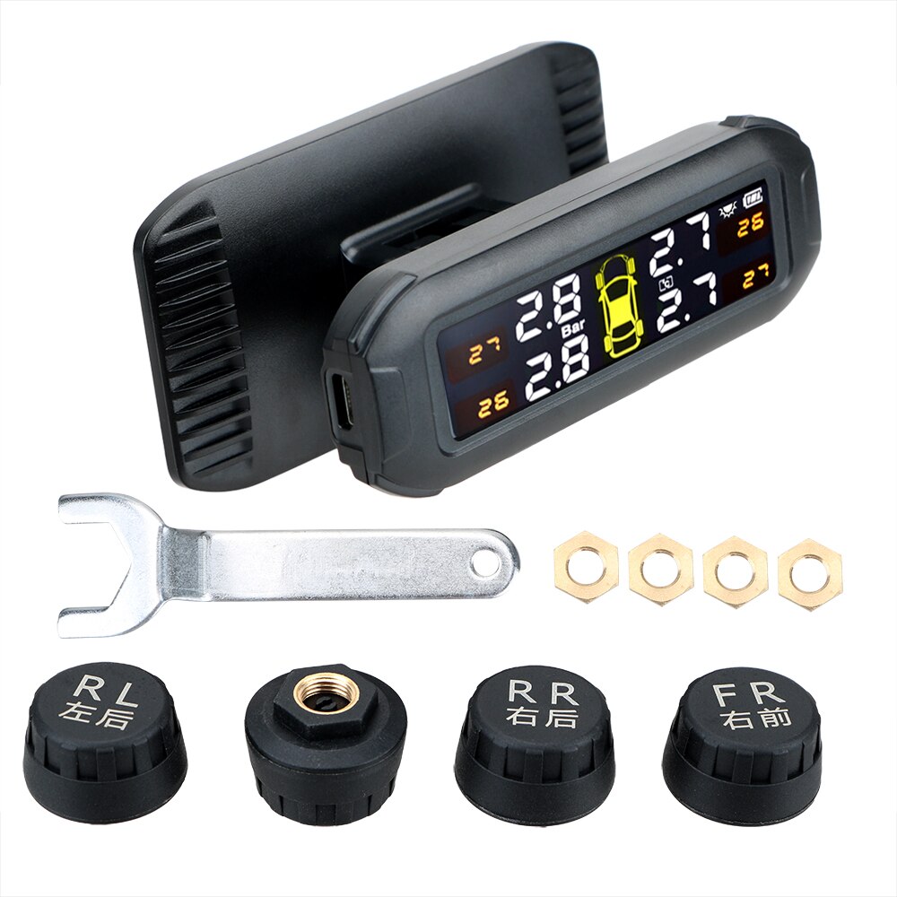 Solar TPMS Car Tyre Pressure Monitor Tire Pressure Monitoring System Temperature Warning Fuel Save With 4 External Sensors