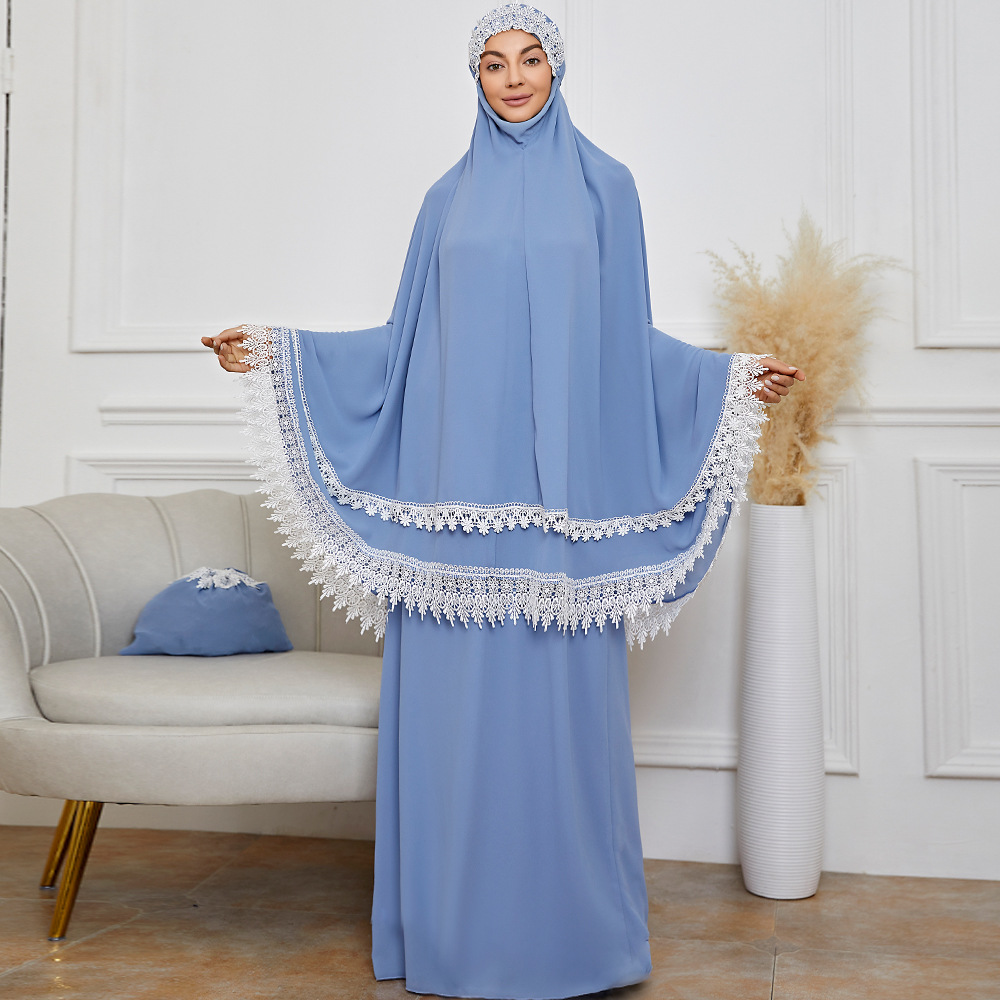 Ramadan kvinnor 2 delar muslimsk bönset khimar abaya overhead hijab+kjol heltäckande islam kläder mellanöstern gudstjänst: Eec 162 ljusblå