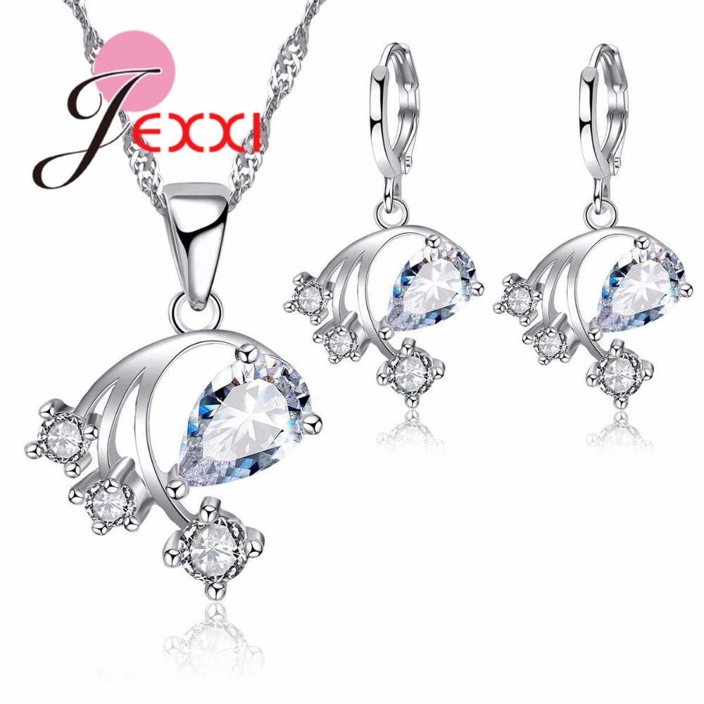 925 Sterling Zilveren Bruids Sieraden Sets Voor Vrouwen Shiny Aaa Cz Crystal Flower Ketting Hanger Oorringen