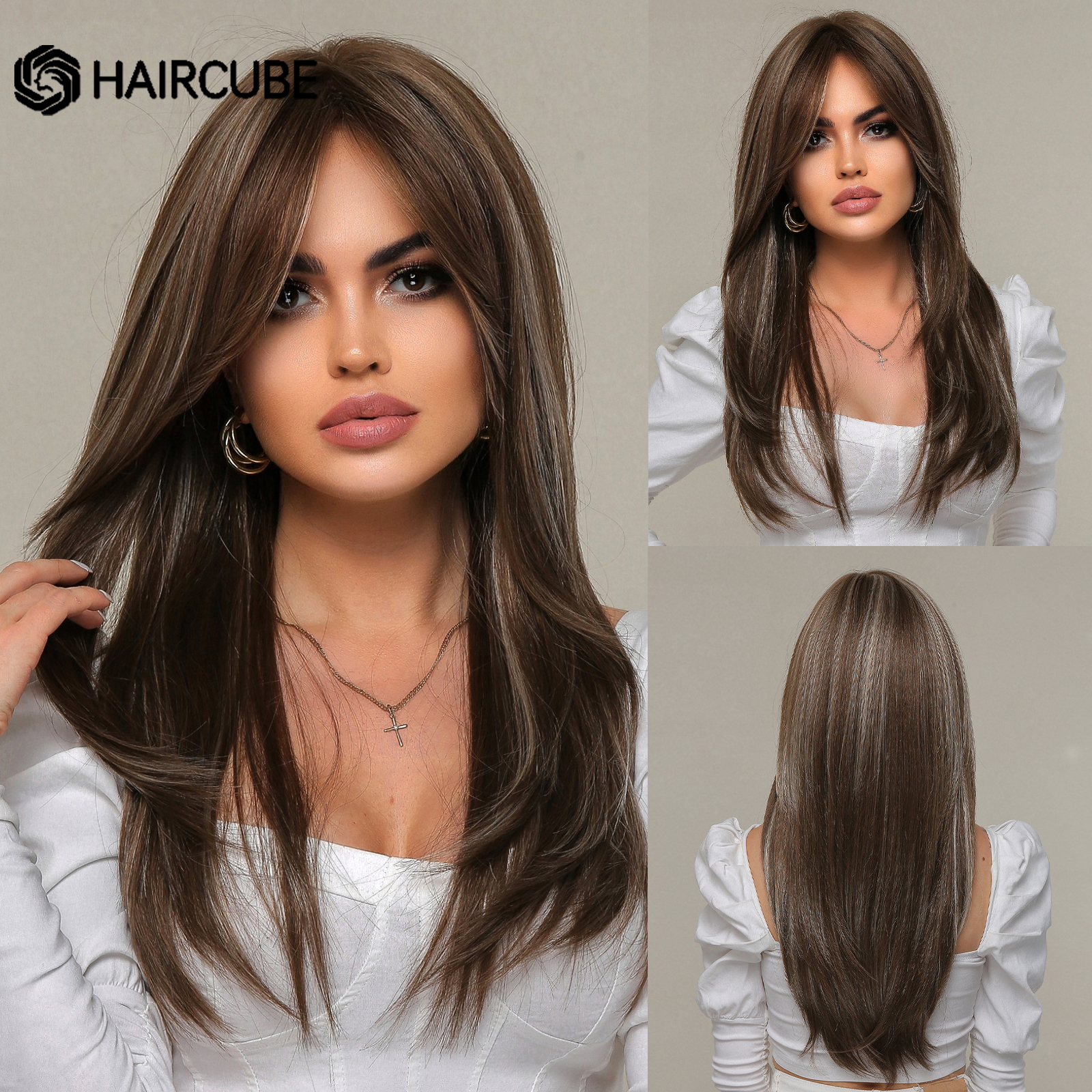 HAIRCUBE Brown Highlight Synthetic Wigs Long Straight Wigs With Bangs for Women Natural Hair Cosplay Heat Resistant Fiber Wigs