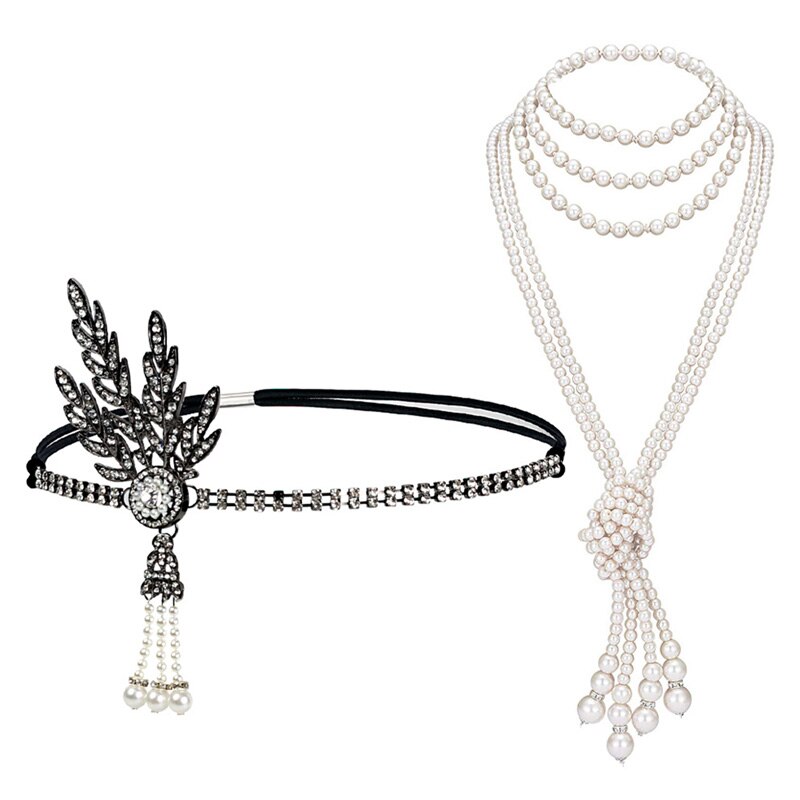 Great Gatsby Accessories Set for Women 1920s Flapper Pearl Necklace Headband Leaf Headpiece Party Costume Jewelry: black B