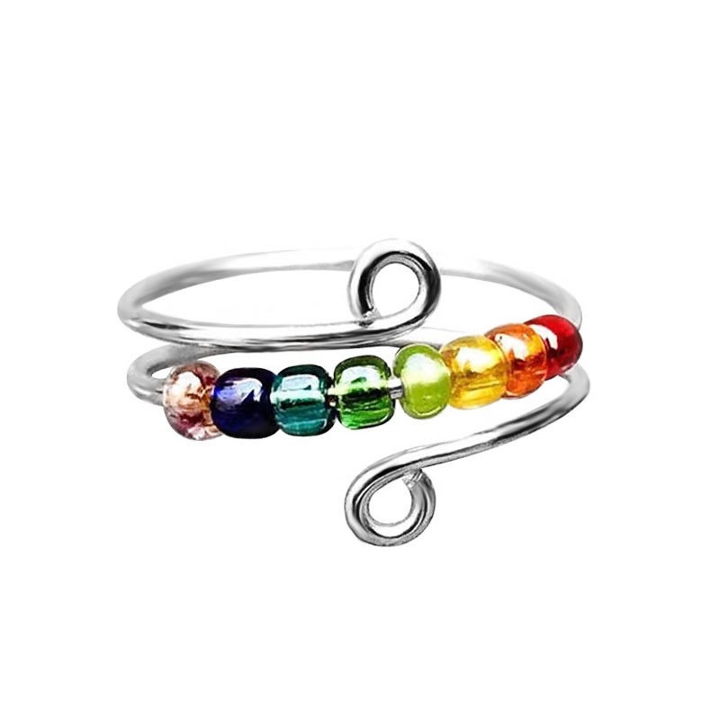 Trendy Rainbow Anxiety Rings Adjustable Stainless Steel Fidget Rotate Bead Anti Stress Relief Finger Ring Jewelry For Women: Brown