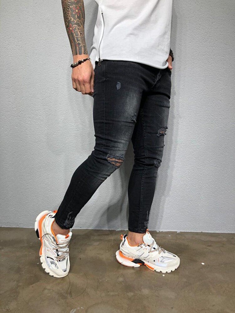 Men Long Pencil Pants Skinny Ripped Jeans Slim Spring Hole Jeans Men Hip-Hop Ankle Totem Denim Trousers