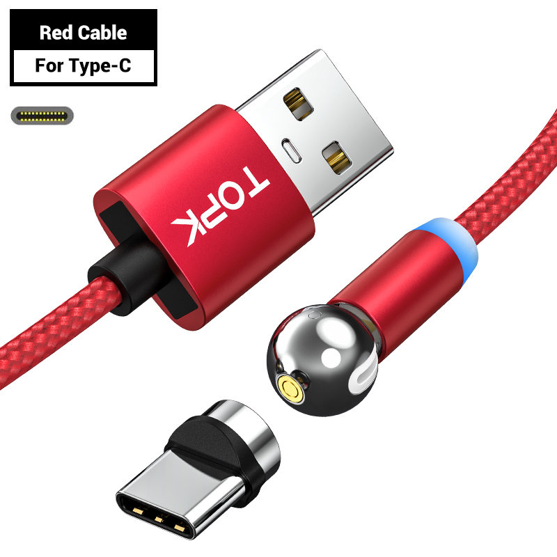 TOPK AM28 360 grad Drehen Magnetischer Micro USB Typ C Kabel LED Magnetic Charging Kabel für iPhone 11 Xs Max X 8 7 6: Red TypeC Cable
