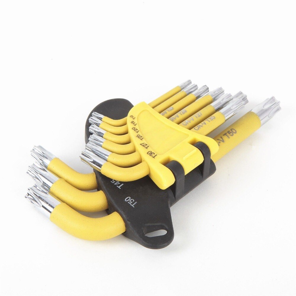 WORKPRO Yellow 9pcs torx Key Wrench Set Short Arm Star Key Set CR-V SAE Metric Allen Wrench Tool Set T10-T50