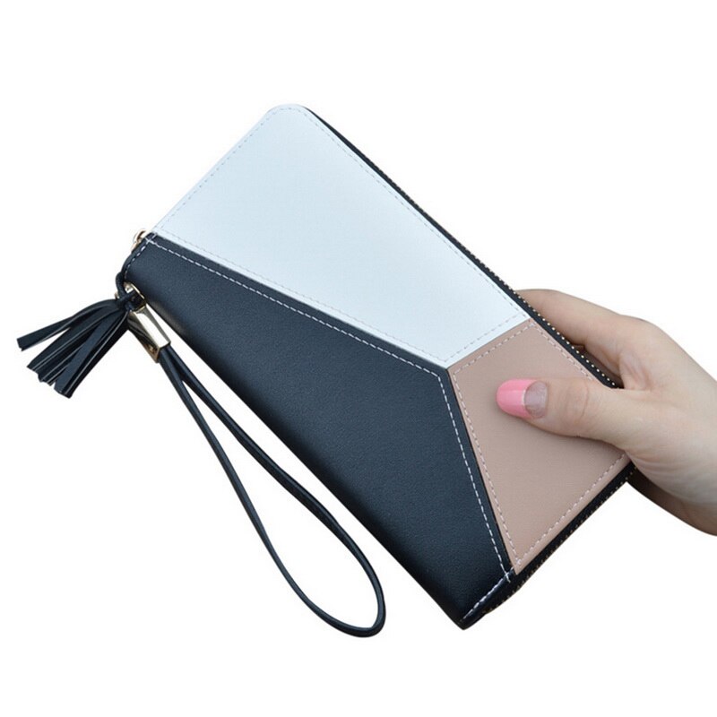 SHUJIN Geometric Women Wallets with Zipper Pink Phone Pocket Card Holder Patchwork Long Wallet Lady Tassel Short Coin Purse: 1