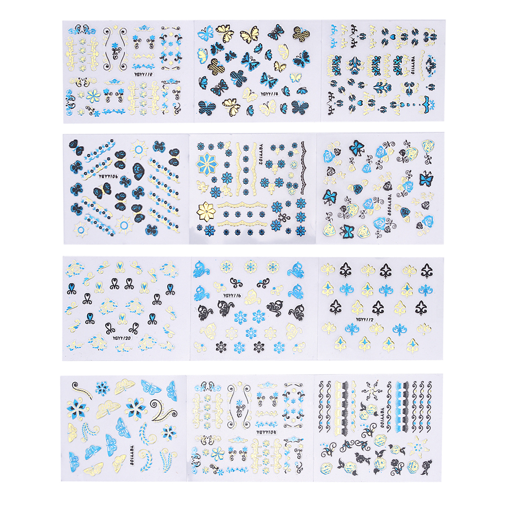 24 stks/partij Goud Blauw Folie Nail Stickers DIY Glitter Beauty 3D Nail Art Decorations Stempelen Manicure Stickers Voor Nagels Decals