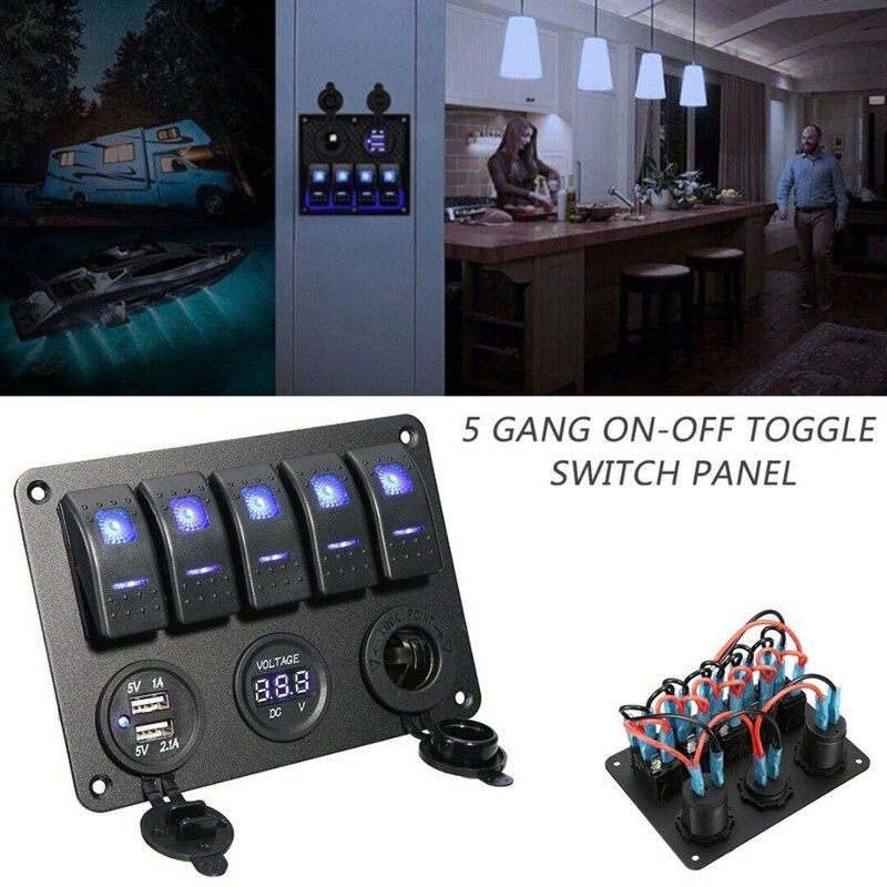 Panel de interruptor de palanca de 5 entradas, 12V, 2 USB, compatible con coche, barco, caravana, camión