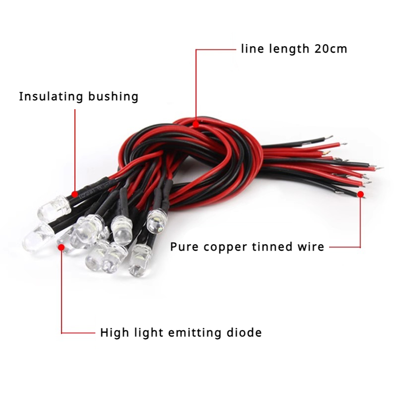 10/50 stk. 3v 5v 12v 24v dc 5mm vannklare ledet-dioder rød/grønn/blå/gul/uv/oransje/rosa/varm/hvit/rgb forhåndskablet 20cm- kabel