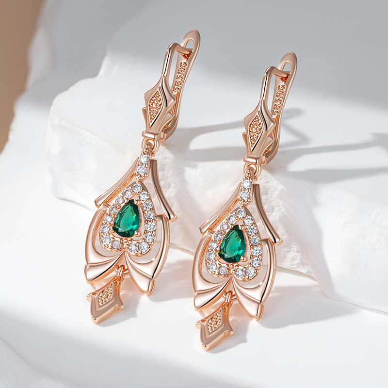 Kinel-pendientes de gota finos para mujer, Color oro rosa 585, flor de cristal, accesorios de circón Natural verde, joyería Vintage diaria