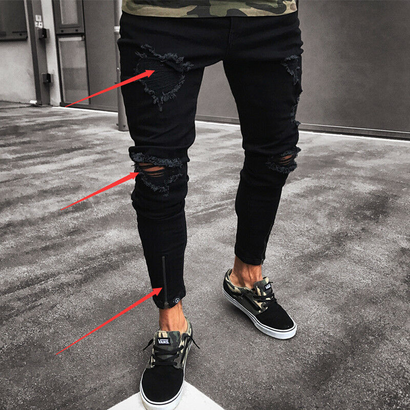 Men´s Jeans Cool Brand Skinny Ripped Destroyed Frayed Stretch Slim Fit Hip Hop Pants Trousers With Holes