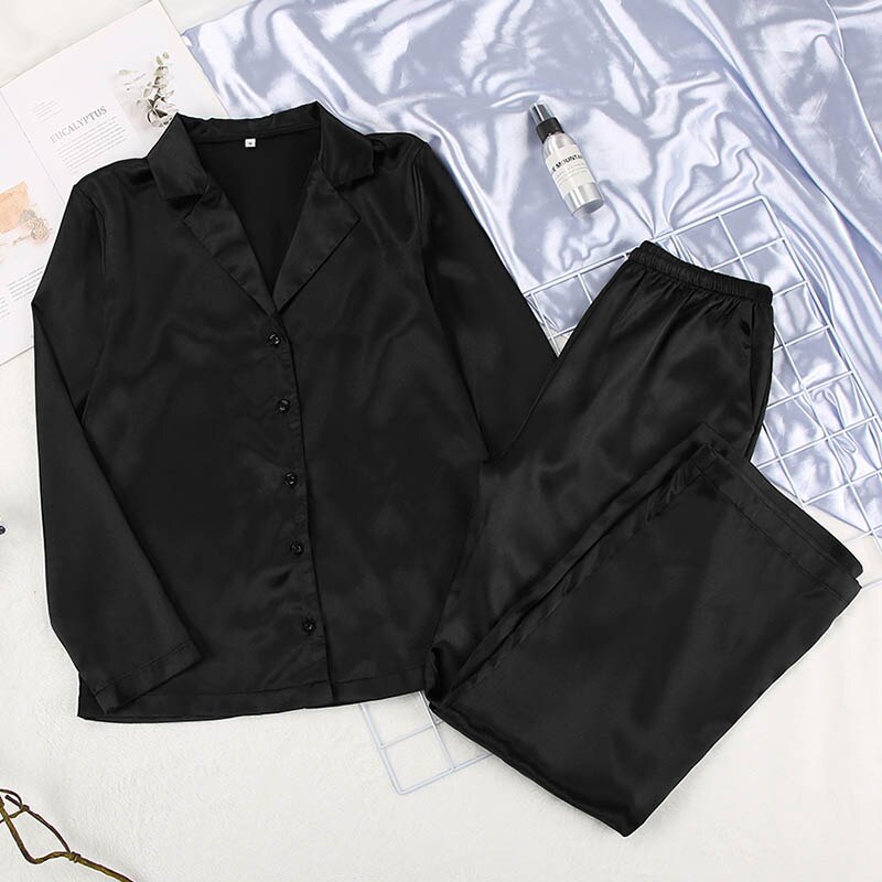 HECHAN Black Sleepwear Female Satin 2 Piece Set Solid Women Pajamas Loose Pants Casual Home Suit Sets Nightwear Winter Pocket: Black / L