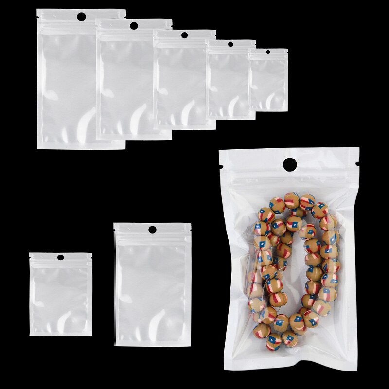 20-50pcs/lot White Clear Self Seal Zipper Plastic Zip Lock Bags Jewelry Packaging Pack Storage Package Poly Bag With Hang Hole