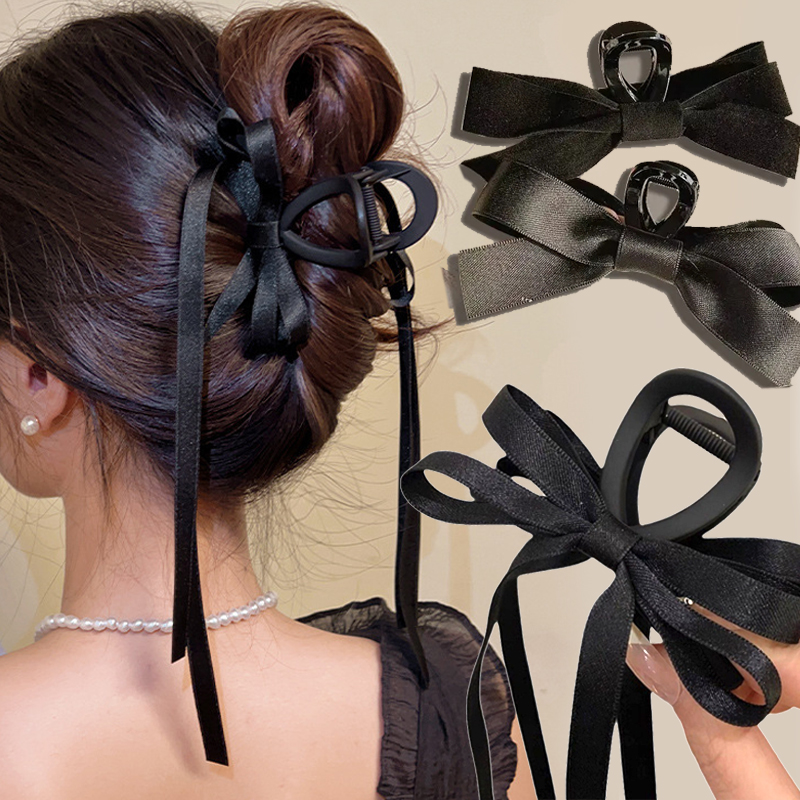 Zwarte Strik Haarklauw Zoete Zijden Strik Haarspeld Bang Clip Koreaanse Meisjes Mode Clips Vrouwelijke Hoofddeksels Haaraccessoires