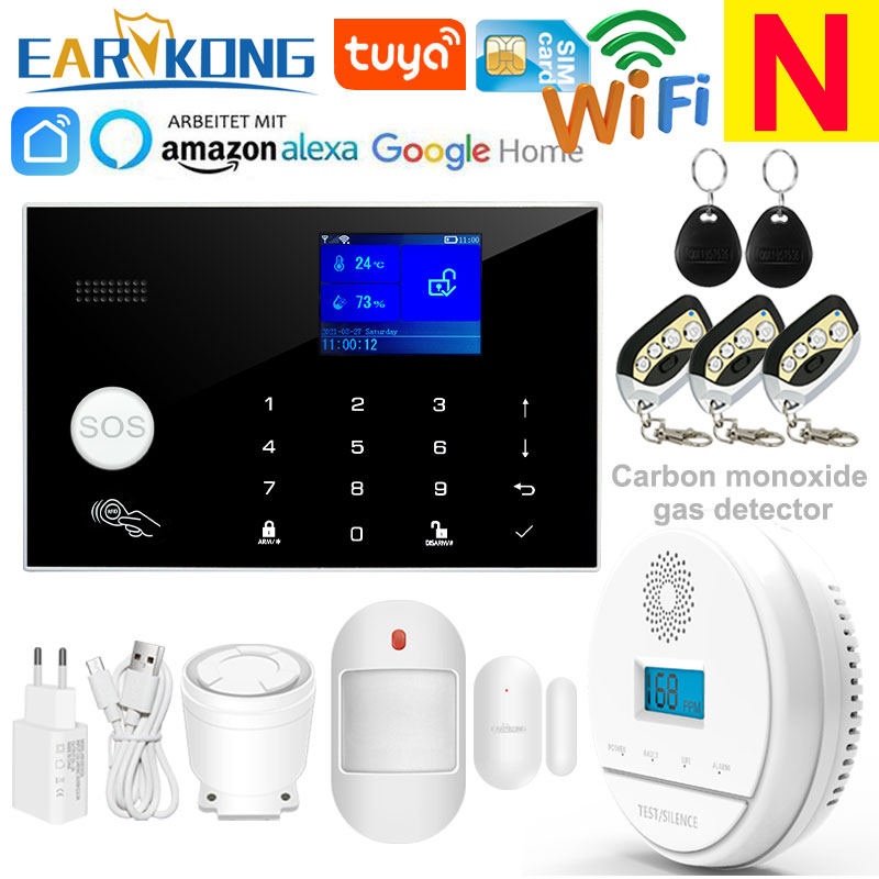 Wifi GSM Alarmsysteem 433 MHz Thuis Inbreker Beveiligingsalarm Draadloze bedrade detector RFID Touch-toetsenbord Temperatuur Vochtigheid Alexa: Black