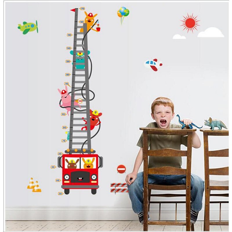 Cartoon Fire Truck Firefighter Height Stickers For Kids Room Bedroom Living Room Nursery Home Decor DIY Art Wall Sticker Decals