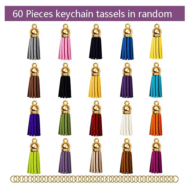 60- pack kwastjes voor sleutelhangers, suède kwastjes voor het maken van sieraden, sleutelhangerbedels, sleutelhangerringen voor hangers, knutselwerkjes