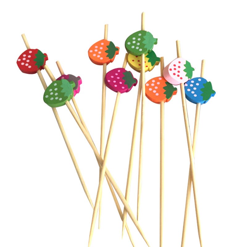 100 stk 12cm jordbærformede fruktspyd bambusspyd cocktail dessert gaffel tre frukt forrett tannpirker perle frukt: Jordbærformet