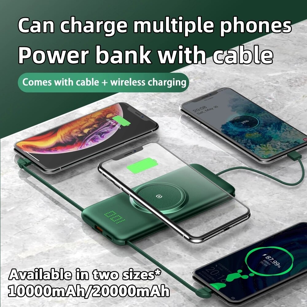 CASEIER Energie Bank 20000mAh Drahtlose Tragbare Energie 4 Kabel 10000mAh Banken Schnelle Ladung Für Xiaomi Carica Batteria Cellulare