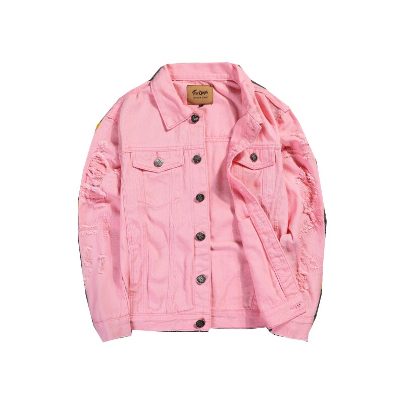 Men&#39;s pink denim jacket hip hop ripped streetwear leather