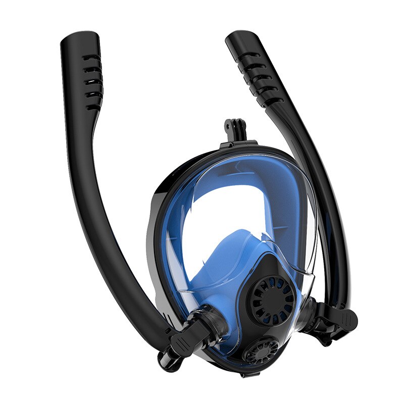 Anti-condens zwemmasker voor volwassenen, dubbele ademhalingsbuis, siliconen snorkelmaskers, duikbril met camerabevestiging: Zwartblauw / S/m