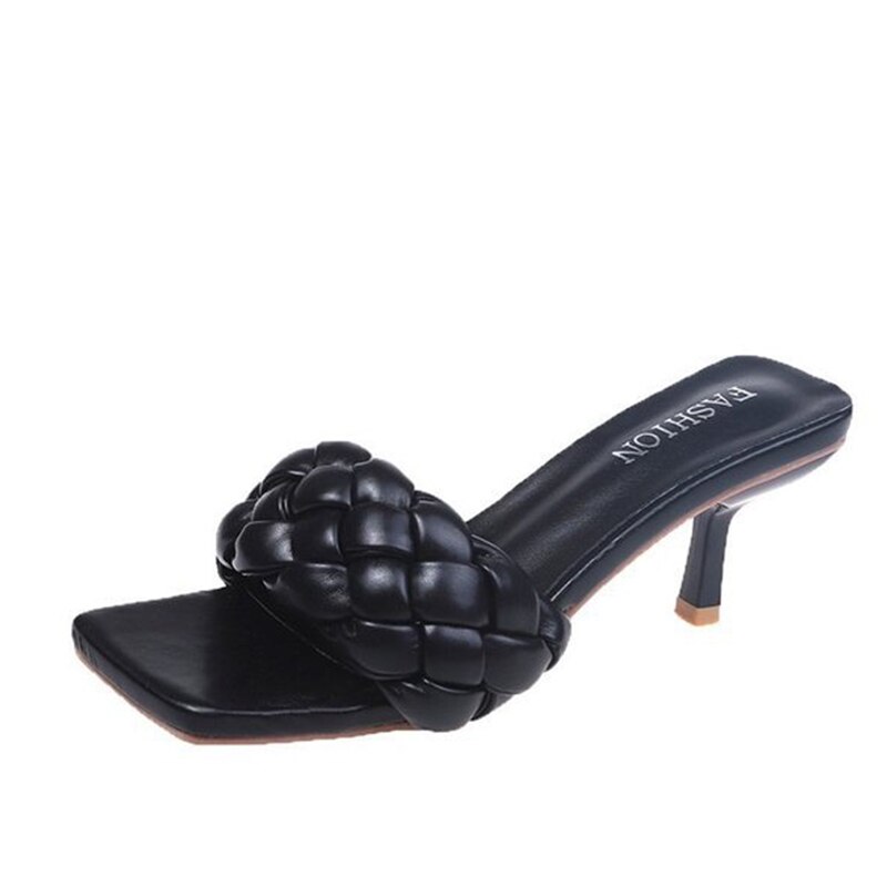 Dames Dunne Hakken Slippers Dames Zomer Slippers Pu Leer Vrouwelijke Waterdichte Mid Hakken Schoenen Vrouw Vierkante Teen Schoen: black / 9