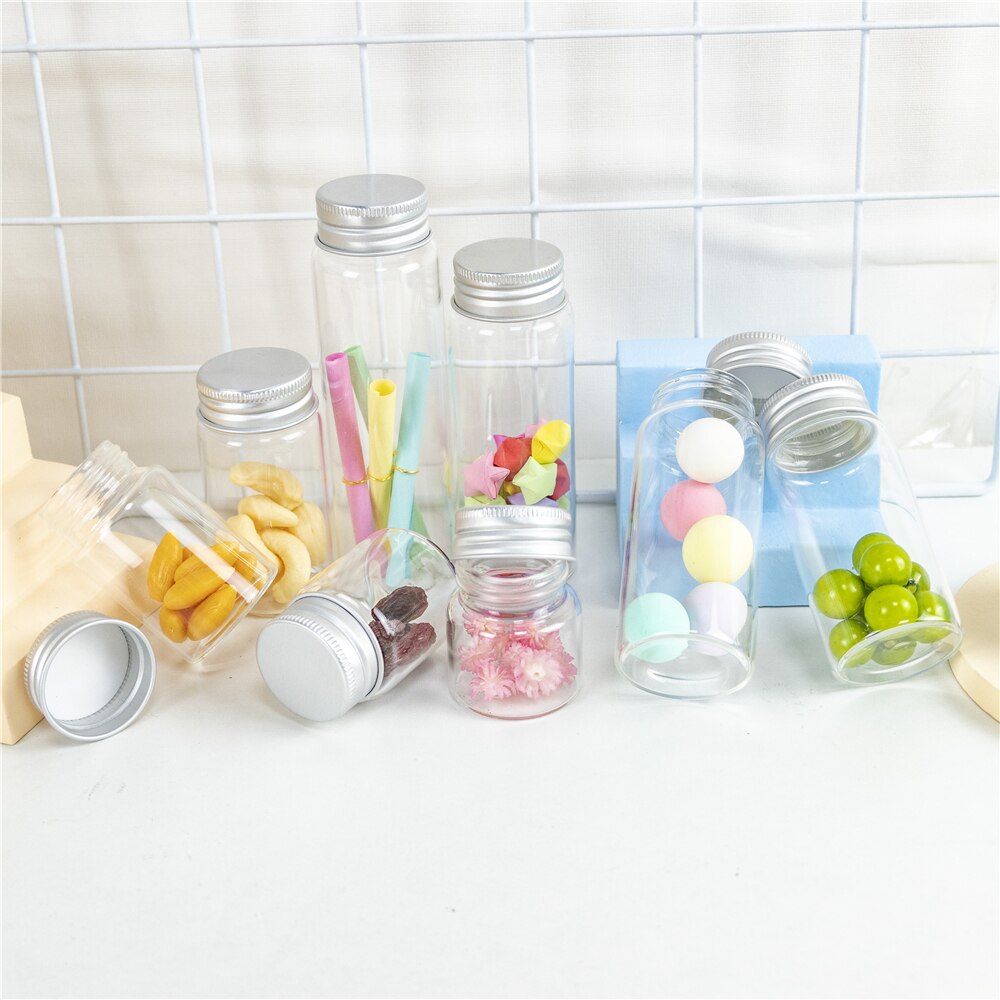 6Pc 25Ml 30Ml 40Ml 50Ml 60Ml 70Ml 80Ml 90Ml Mini Glas clear Fles Met Zilveren Schroef Aluminium Cap Voedsel Container Potten Flesjes