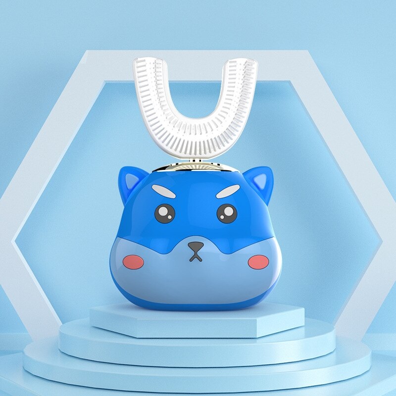 Cepillo de dientes eléctrico ultrasónico de grado alimenticio cabezal de cepillo de silicona para niños 360 grados de dibujos animados Linda mascota en forma de U cuidado de los dientes
