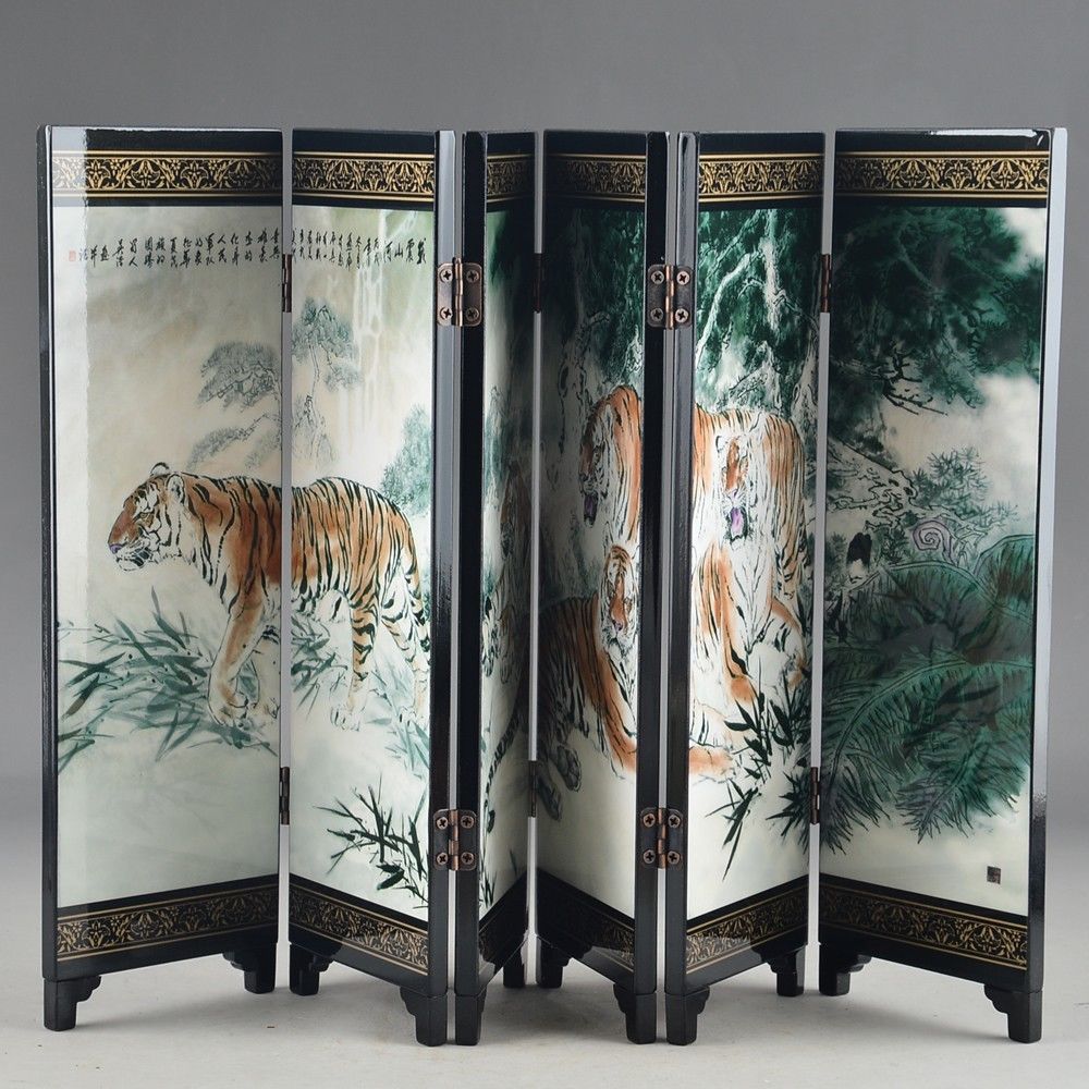 Décoration pour écran à SIX plis | Tigre de bénédiction, en laque chinoise, vieux travail manuel peint