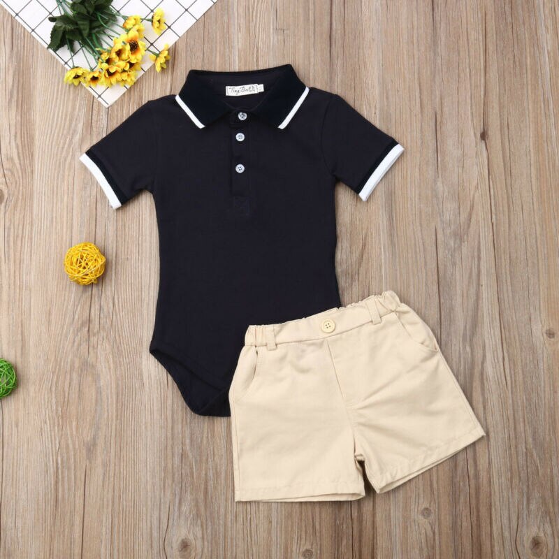 Toddlr Boy Kleding 2 STUKS Baby Baby Boy Kleding Korte Sleevee Solid Jumpsuit Bodysuit + Broek Shorts Gentleman Outfit set