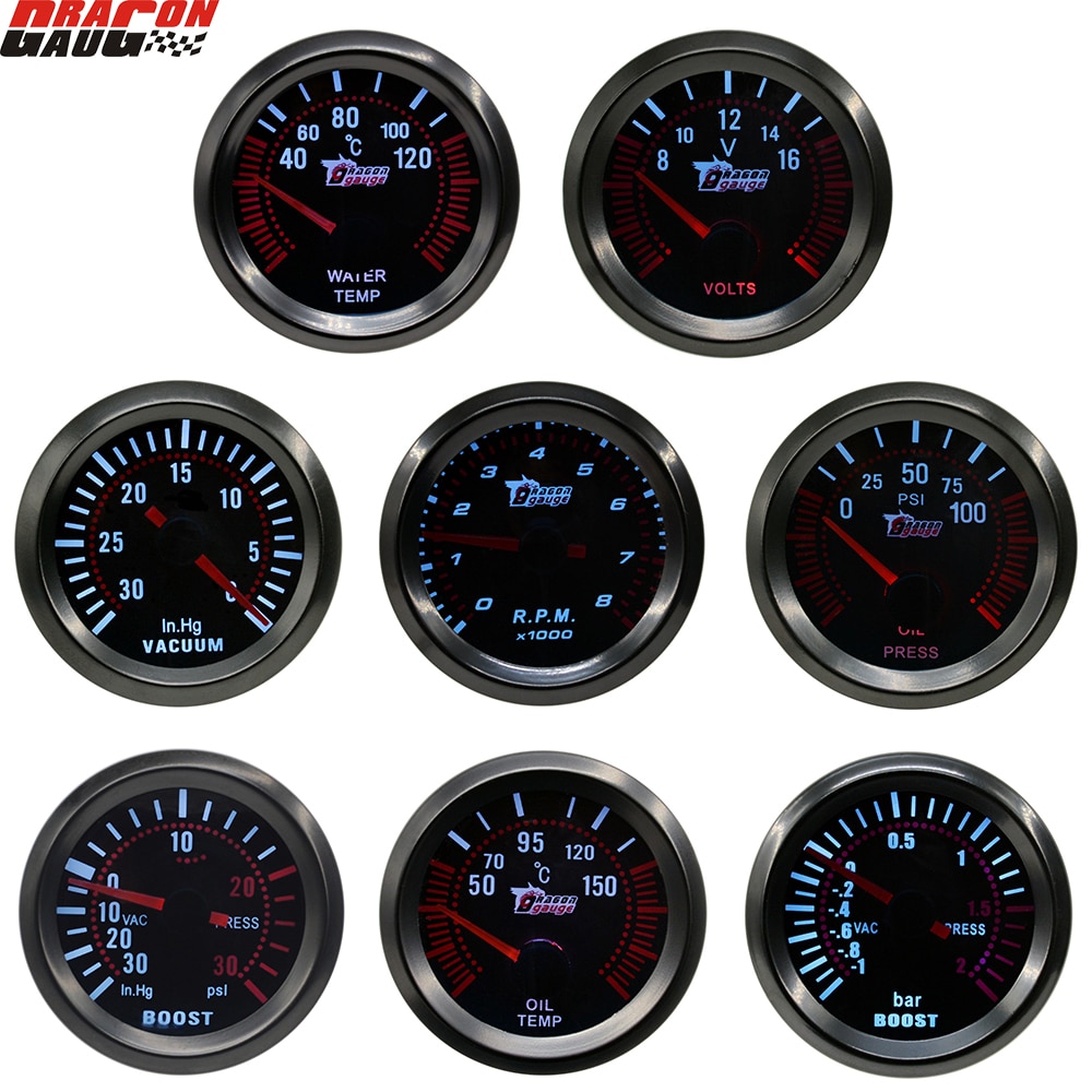 Dragong 52mm Auto Car Boost Trubin Vacuum Water Temp Oil Temperature Oil Pressure Volt Gauge Tachometer RPM Meter