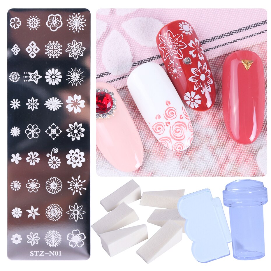Pochoir pour ongles en dentelle, motifs de fleurs, papillons, feuilles, images d'animaux, tampons, grattoir, éponge, Kit d'outils BESTZN01-12: STZ-N01 Stamper Set