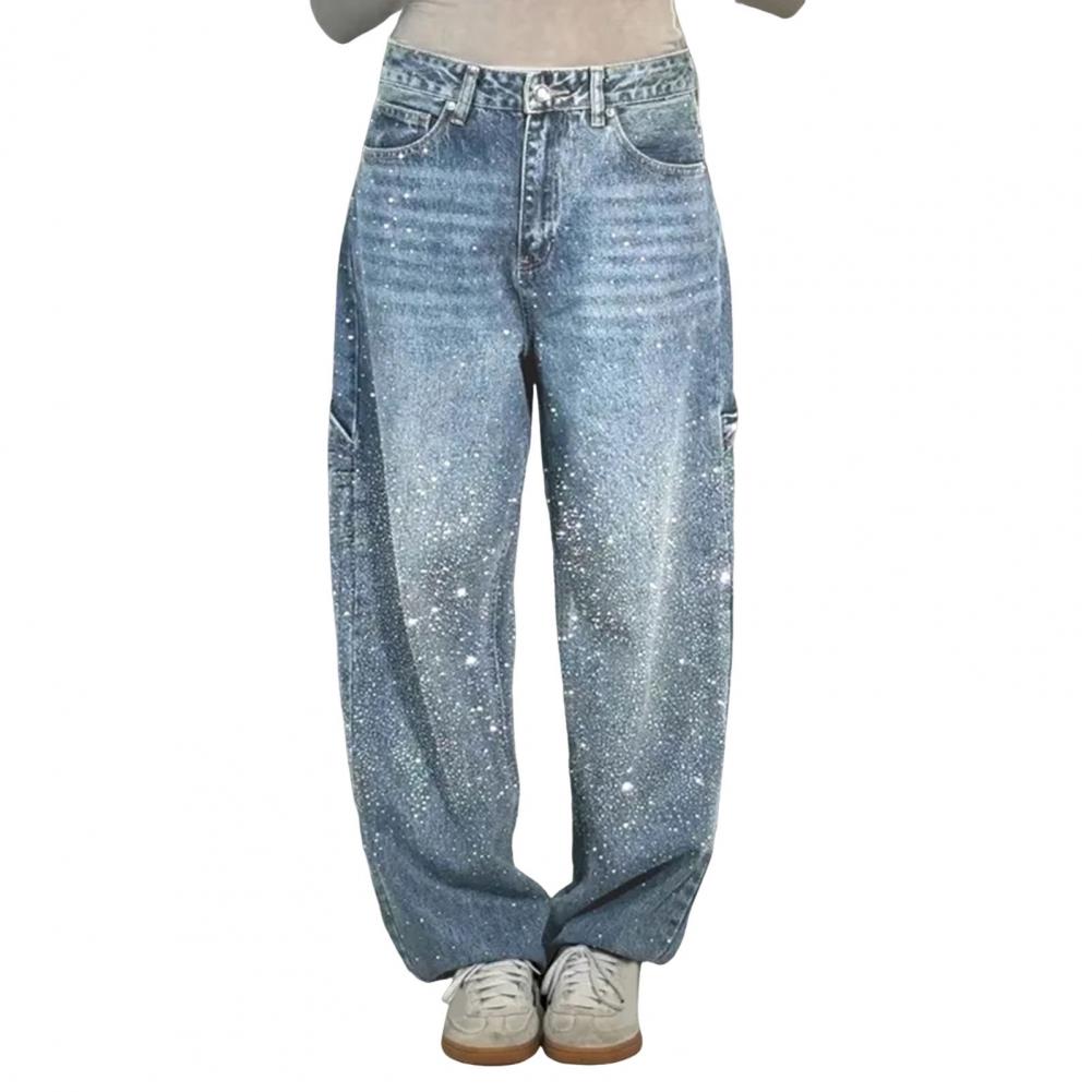 Elegante jeans med rhinsten kvinder løse lommer alsidige lynlås lav talje lige denimbukser kvinde forår dame streetwear: Xl / Blå