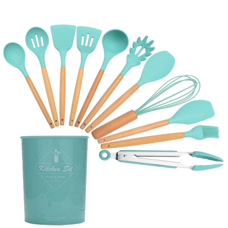 Ustensiles De cuisine en Silicone, ustensiles De cuisine résistants à la chaleur, antiadhésifs, ustensiles De cuisine: TiffanyGreen-11Pcs-B