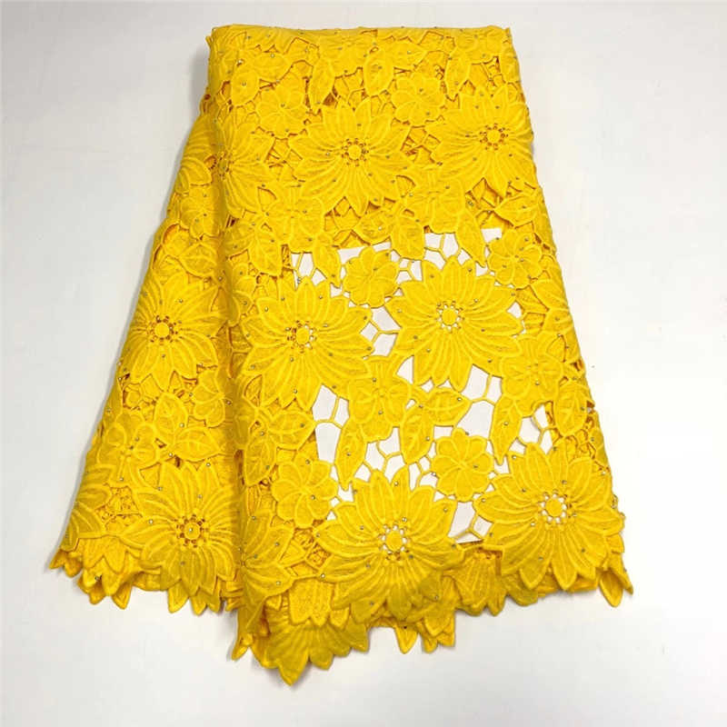 Tela de encaje guipur clásico para vestido de , cordoncillo bordado africano con piedras, color amarillo, NN819-K: YELLOW