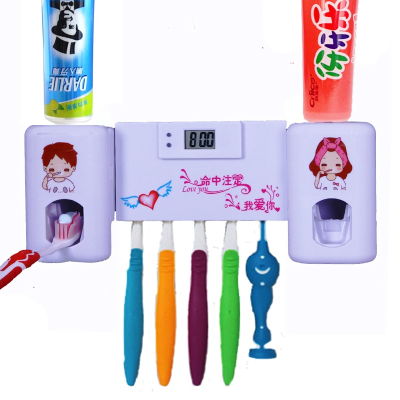 1Pc 2 in 1 Automatic Toothpaste Dispenser with 5 Toothbrush Holder Set Wall Mount Stand With Clock