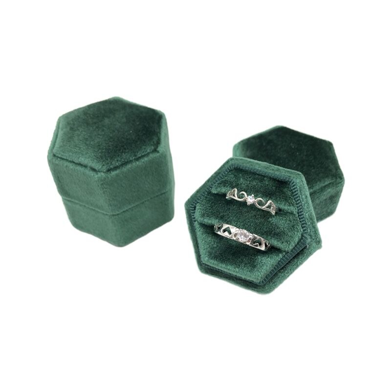 Caja de anillo de terciopelo hexagonal soporte de exhibición de anillo doble con tapa desmontable soporte de caja de anillo para ceremonia de boda: 2