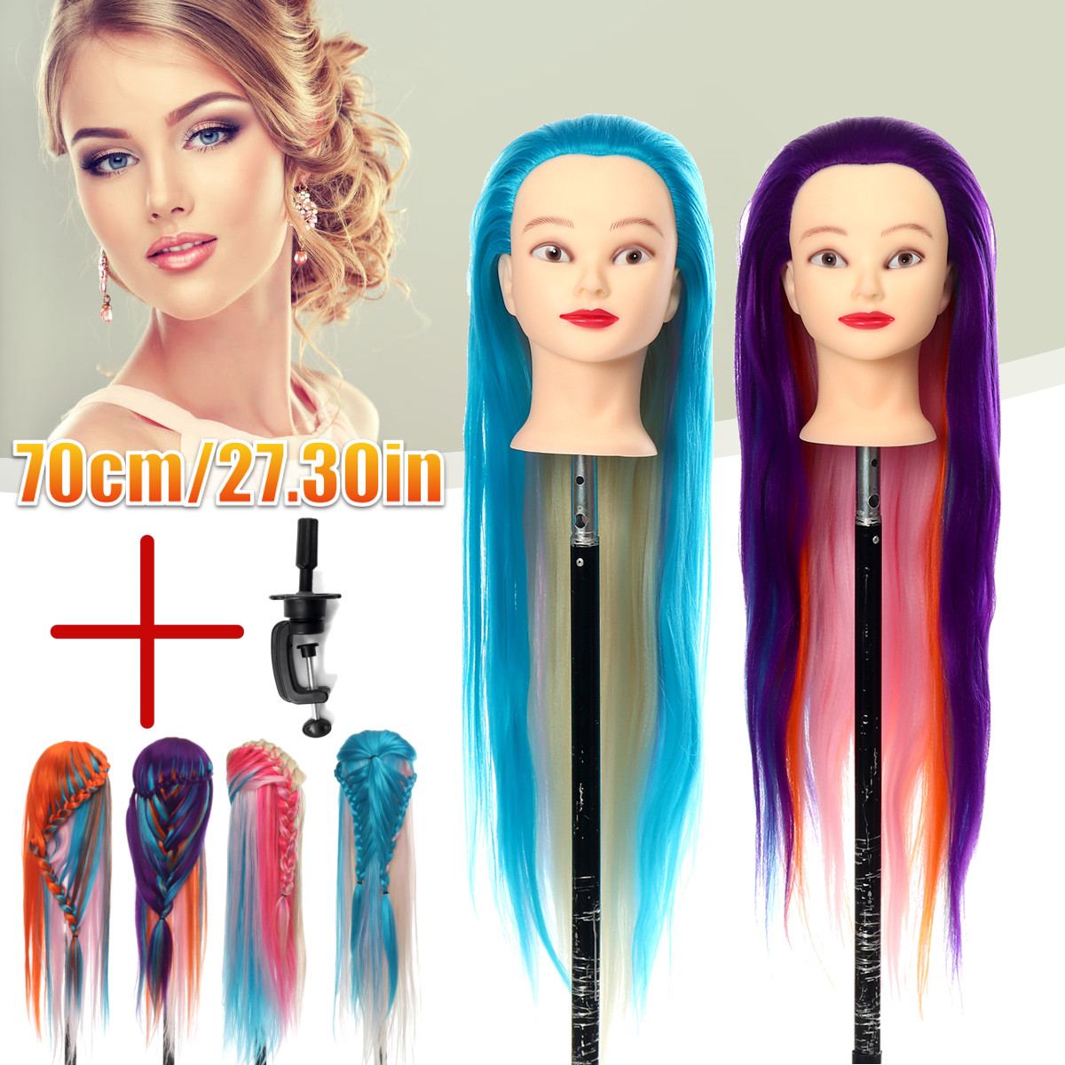 70cm Training Head For Salon Hairdressing Mannequin Dolls Hairstyles Styling Head With Clamp Can Be Curled Hair