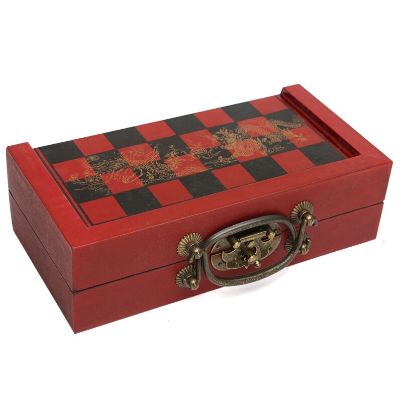 Caja de cuero de madera china con 32 piezas de figuras de terracota, juego de ajedrez, entretenimiento, Damas, juegos tradicionales