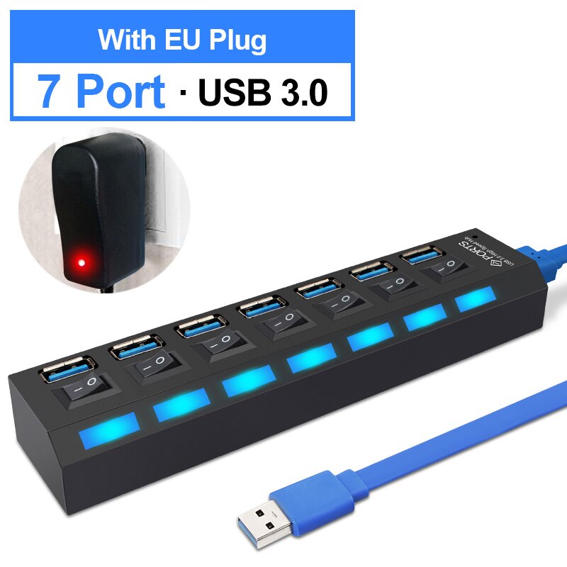 4 portar usb-nav 3.0 äkta usb 3.0- nav höghastighets usb-splitteromvandlare med separat switch usb-adapter 7- portars pc-förlängare: 3.0 7 port med eu