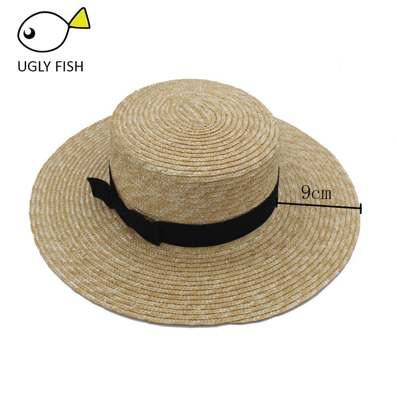 Sun Hats Straw Solid boater hat men women straw boater hat flat summer hats for women men: 9 cm brim